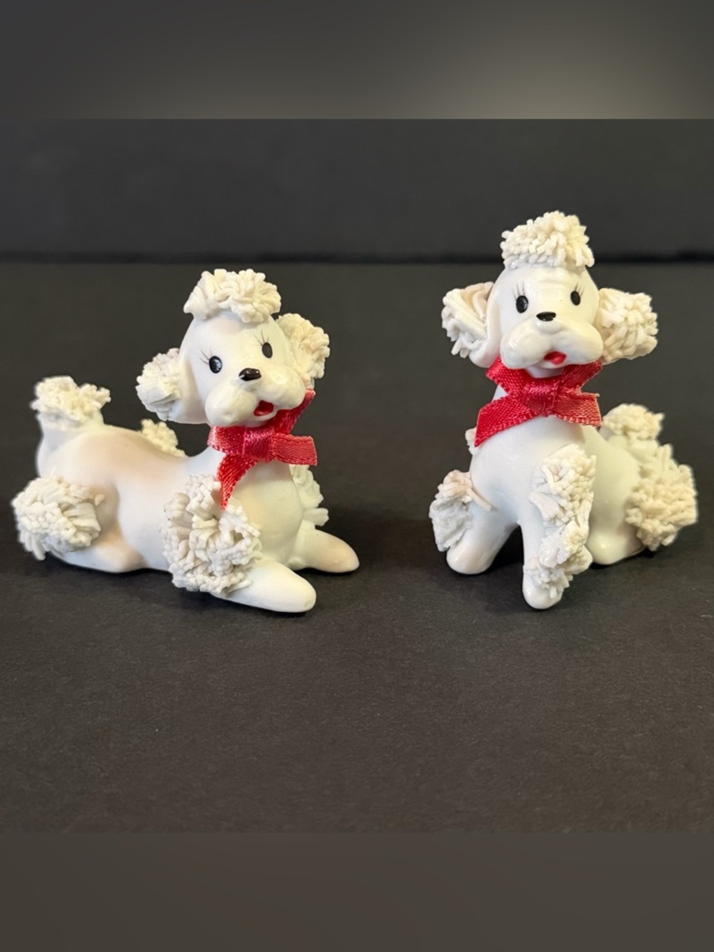 Vintage Spaghetti Poodle with Red Bows Figurines 2" Mid Century Korea Lot 2x